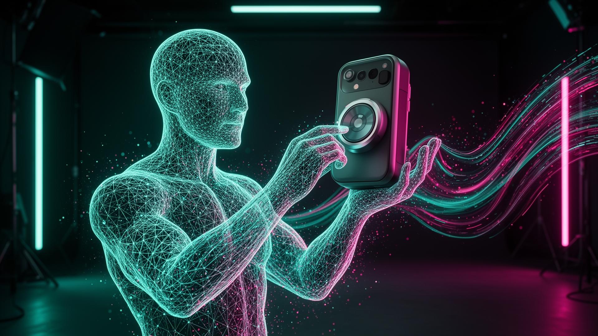 A humanoid AI robot and a designer in AR glasses collaborating around floating 3D product holograms.