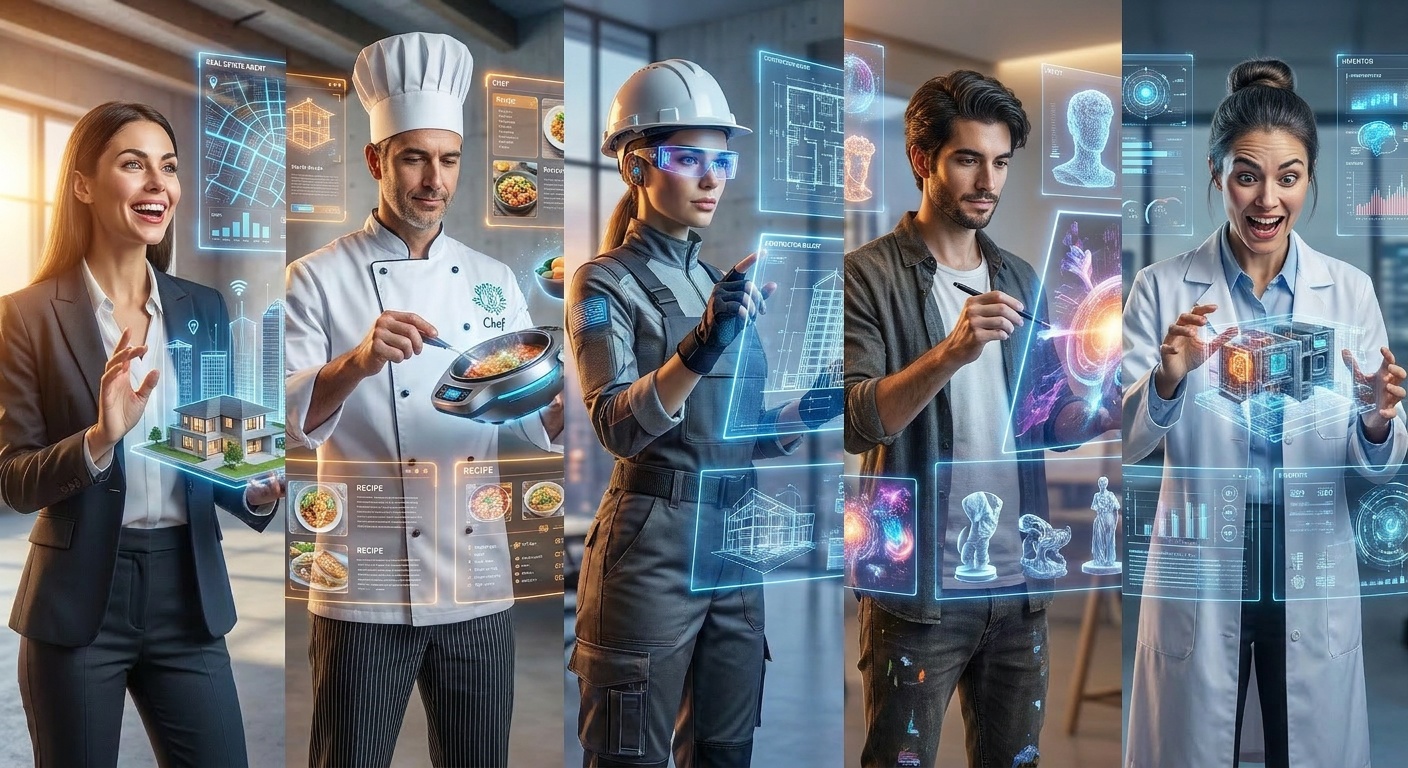 A composite of professionals across industries — realtor, chef, builder, designer, and scientist — interacting with holographic 3D product visualizations.
