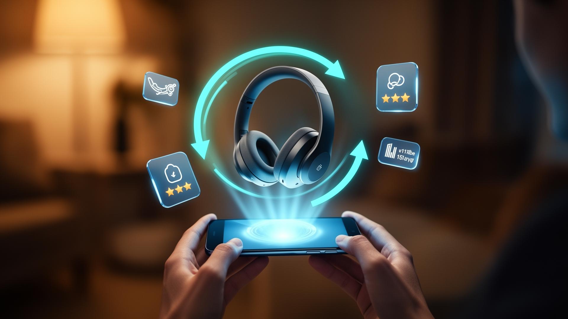 A shopper holding a smartphone with a glowing 360-degree holographic view of a modern wireless headphone rotating above it.
