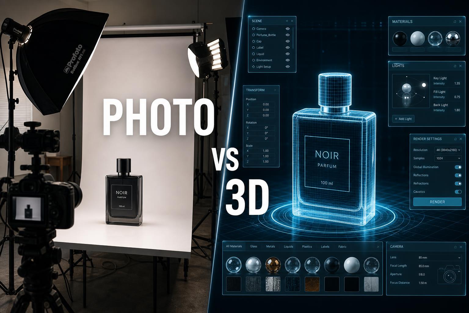 Split-scene image: a traditional photo studio with a perfume bottle on a sweep, beside a holographic 3D render of the same bottle with UI panels for materials and lighting; bold text reads PHOTO vs 3D.