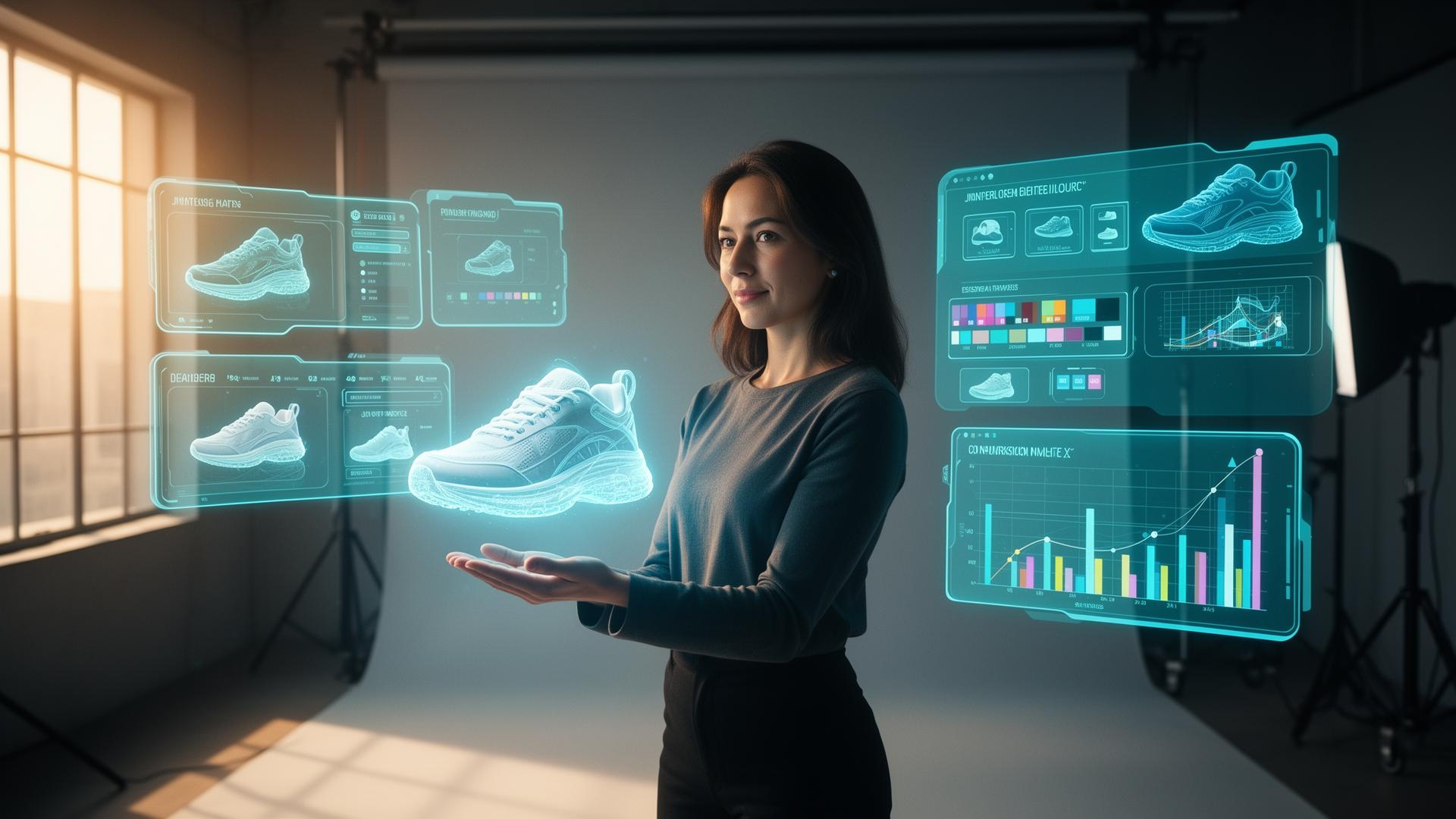 An e-commerce creative director holding a glowing holographic 3D sneaker render surrounded by floating UI panels of variants and conversion charts.