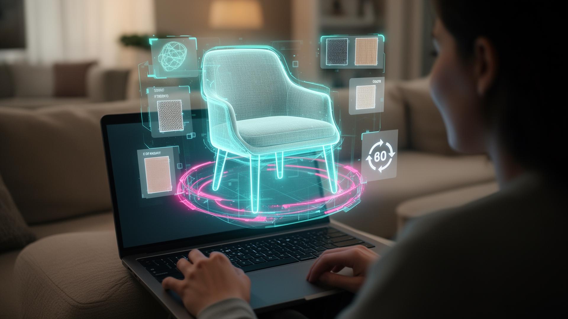 A shopper using a laptop with a holographic 3D product configurator floating above the keyboard — a customizable chair surrounded by fabric and finish swatches.