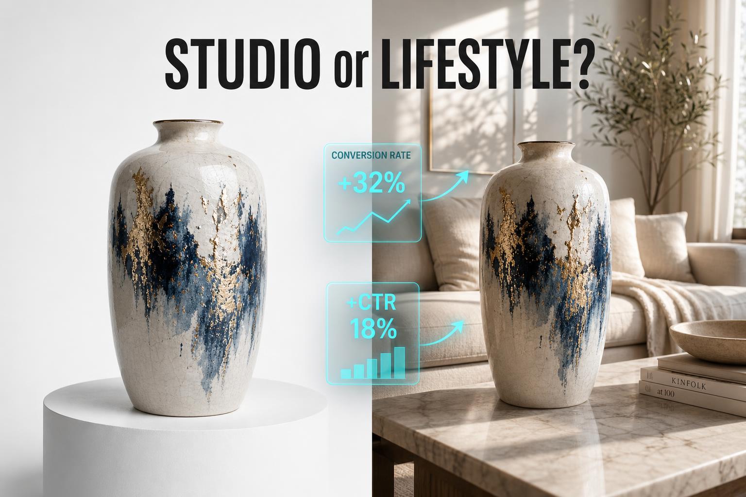 Split image showing the same ceramic vase as a clean studio render on the left and a styled living-room lifestyle render on the right, with conversion-rate UI overlays.